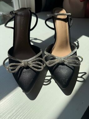 BCBGeneration Rhinestone Bow Heels – Black Satin – Ankle Strap Stiletto – Size 9